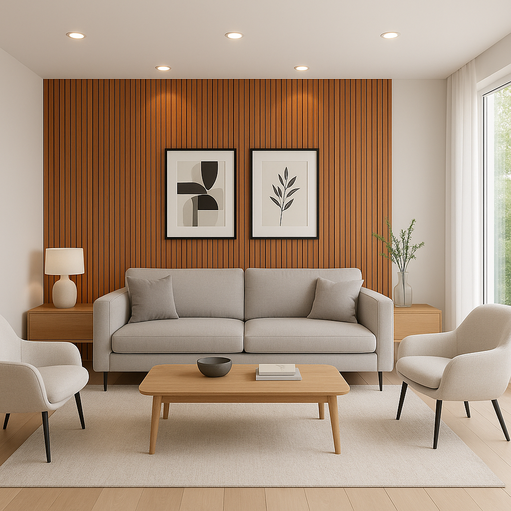 Sala com Painel Ripado Cinza