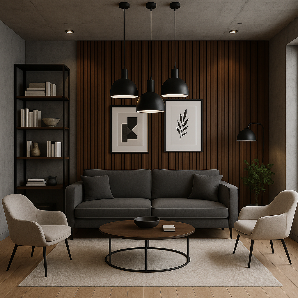 Sala com Painel Ripado Tabaco