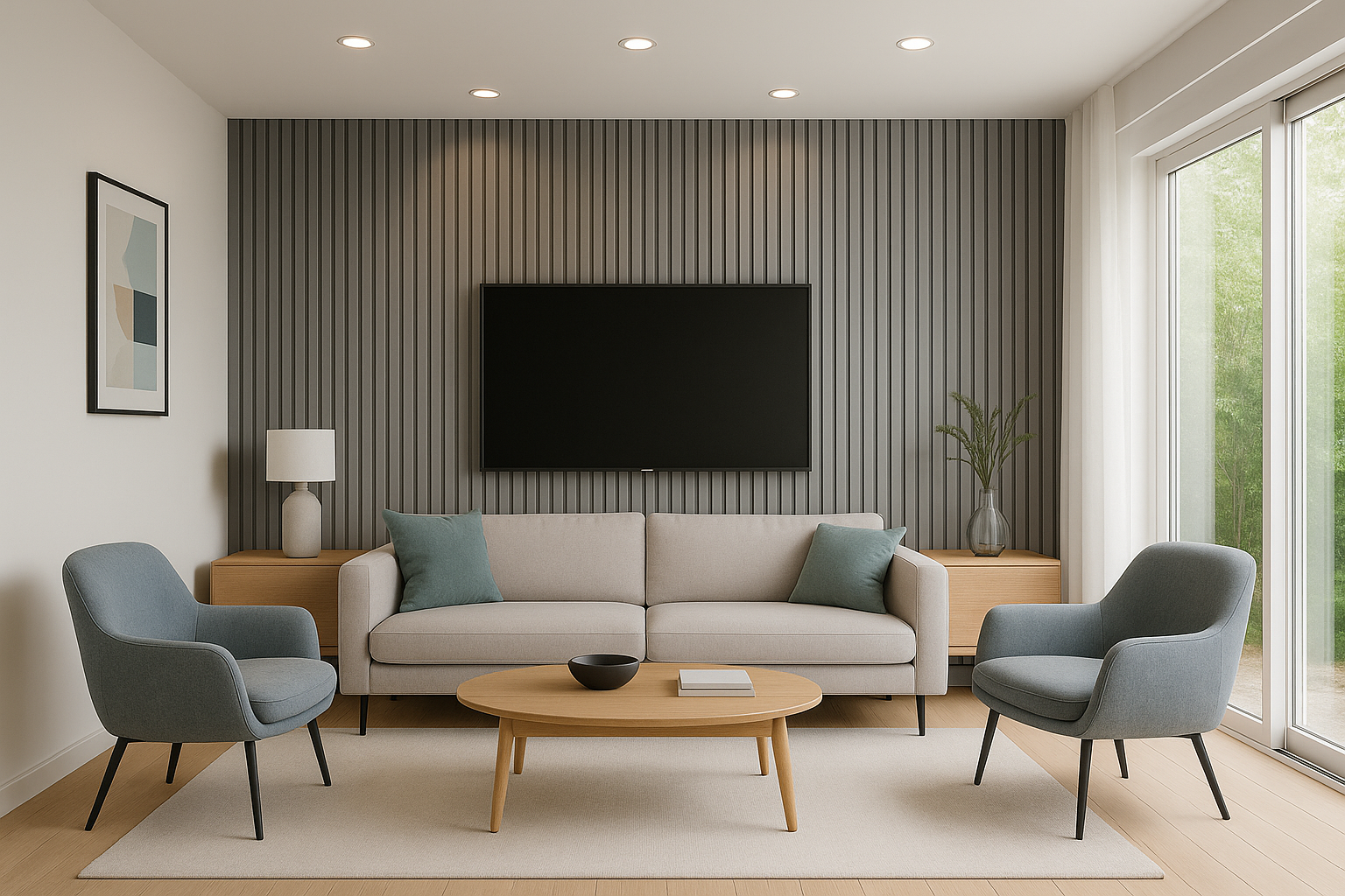 Sala com Painel Ripado Creme